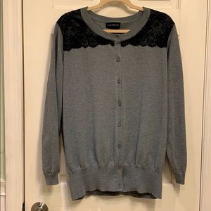 Gray Cardigan with Black Lace Shoulder Detail